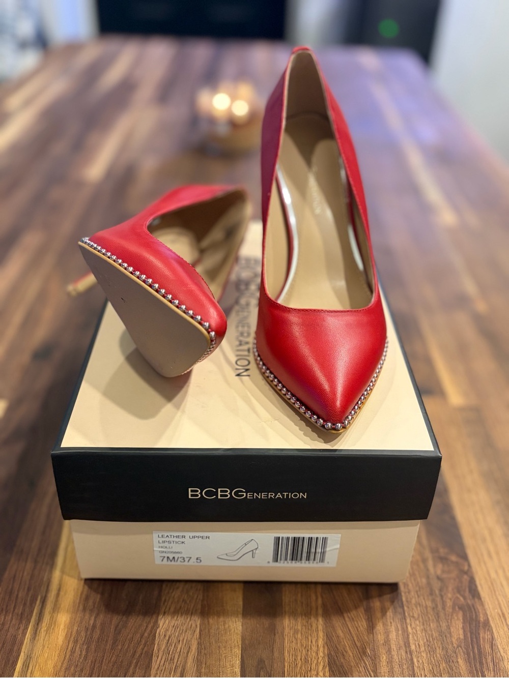 BCBGeneration Red Leather Studded-Trim Pointed-Toe Pumps Size 7